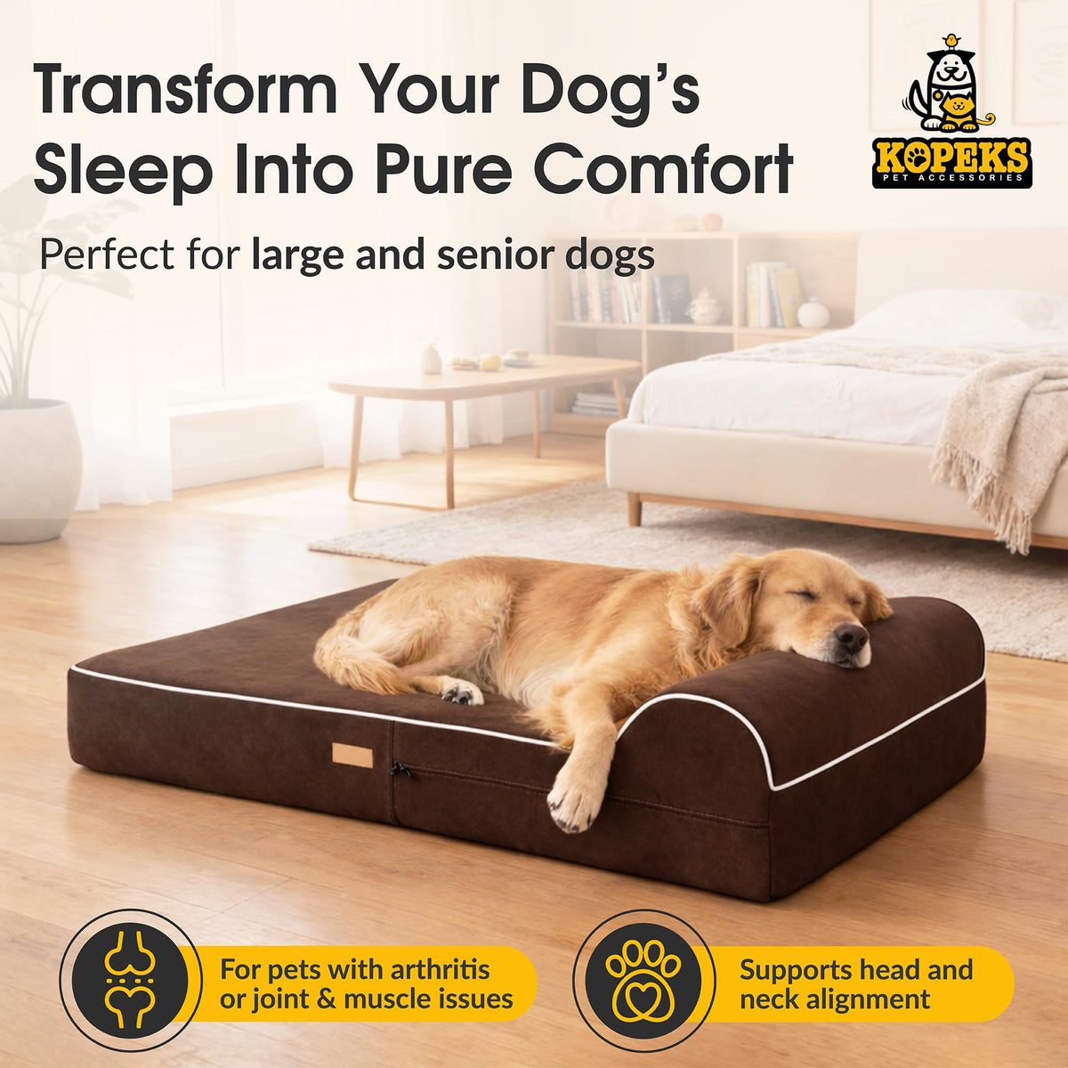Orthopedic Memory Foam Dog Bed 7" Inch Thick Extra Large Dog Bed With Pillow Brown 50"x34"x10" Includes Waterproof Liner & Durable Removable Cover With Smart Design (Brown / XL - 50"x34"x10")