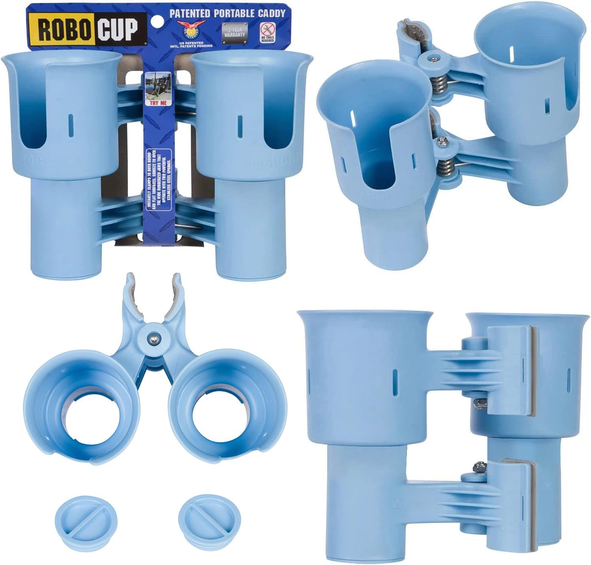 Light Blue), Patented Clamp On Boat Cup Holder |Multifunction Dual Drink Caddy for Fishing Poles, Tools, Net, Gaff |Portable Storage for Boating, Beach, Umbrellas, Golf Carts, Strollers (Light Blue / Standard Spring)