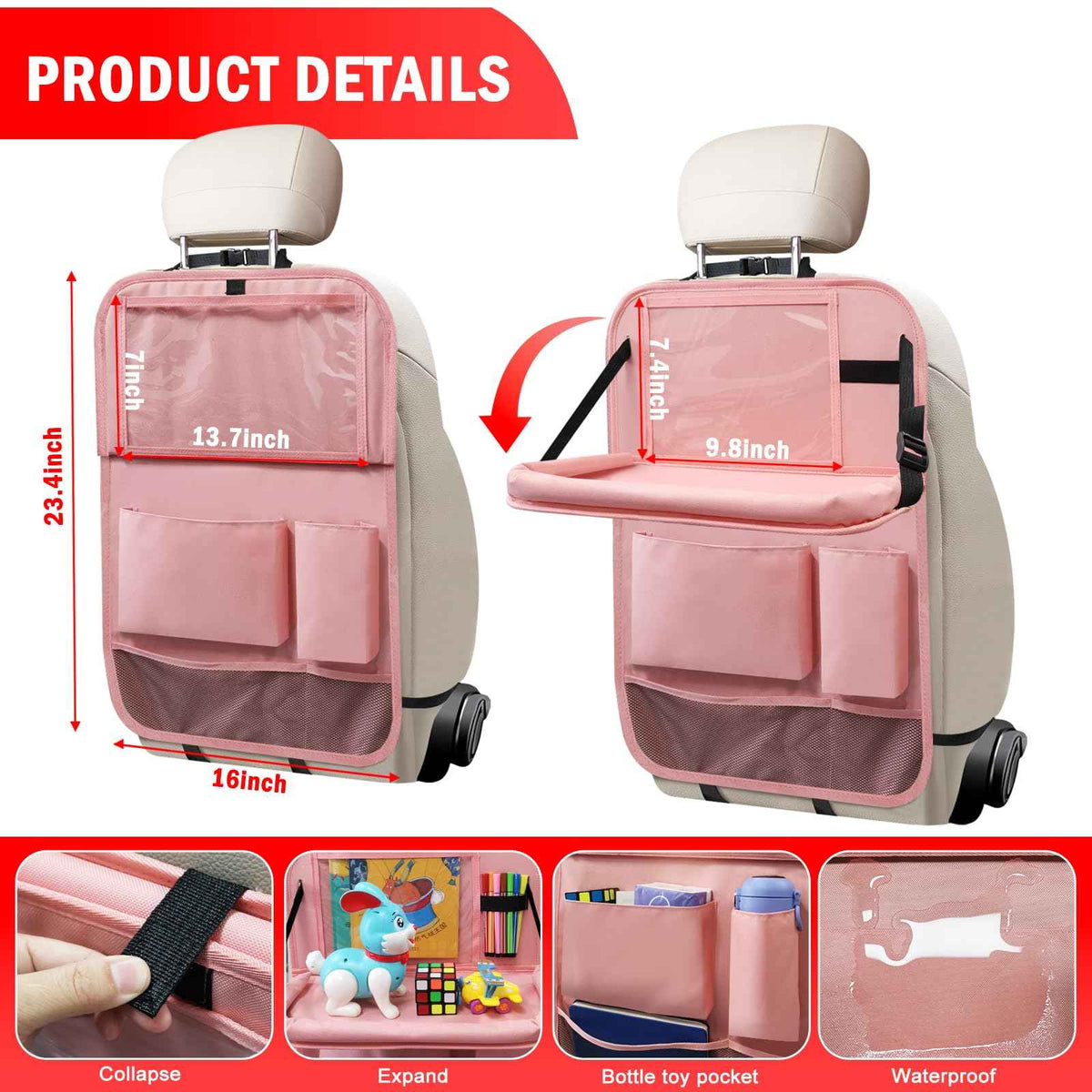 2Pack Back Seat Car Organizer with Tablet Holder & Foldable Table Tray Pink (Pink / 2 Pack with Food Tray)