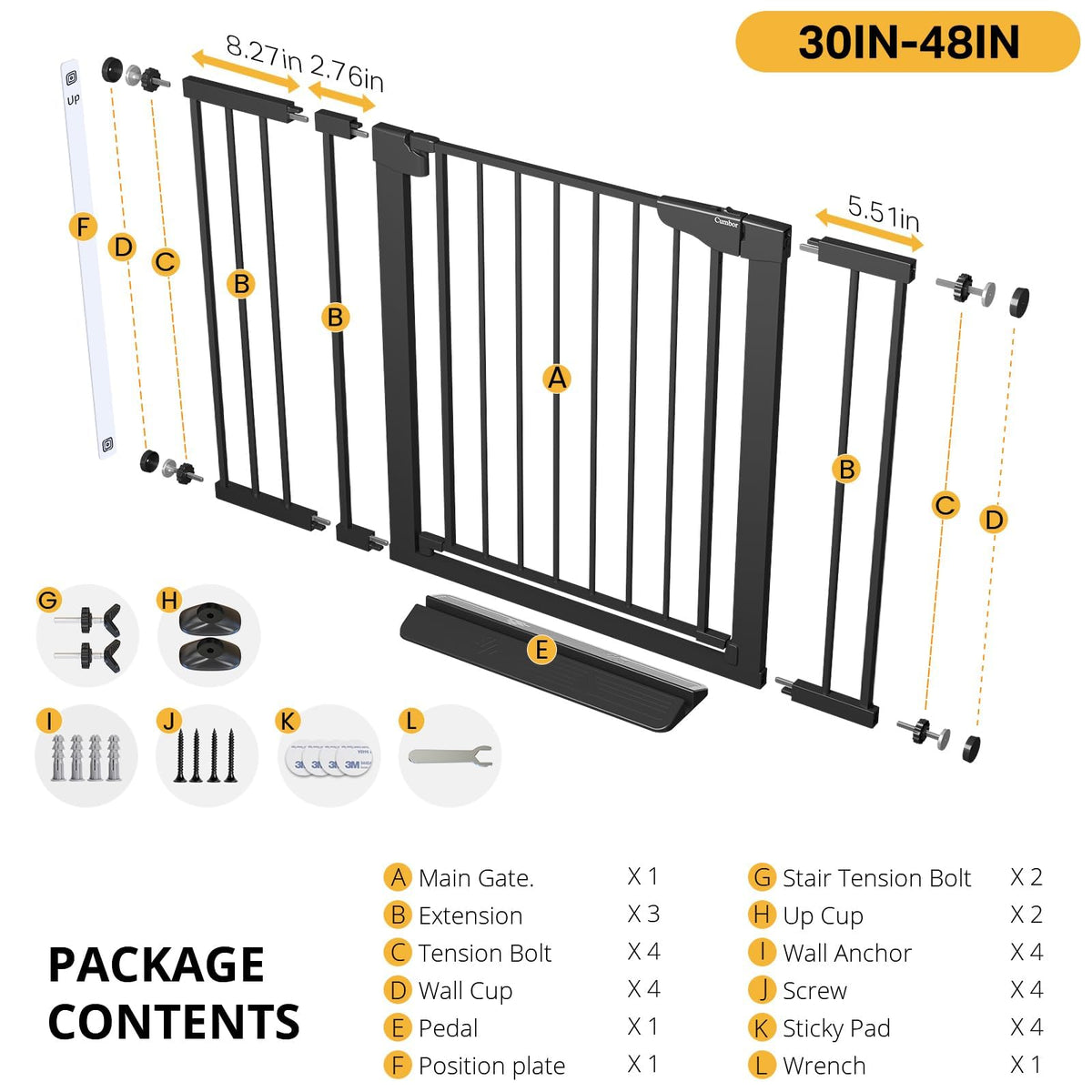 30 48 in Baby Gate for Stairs (Black / 30-48"W x 30.5"H)