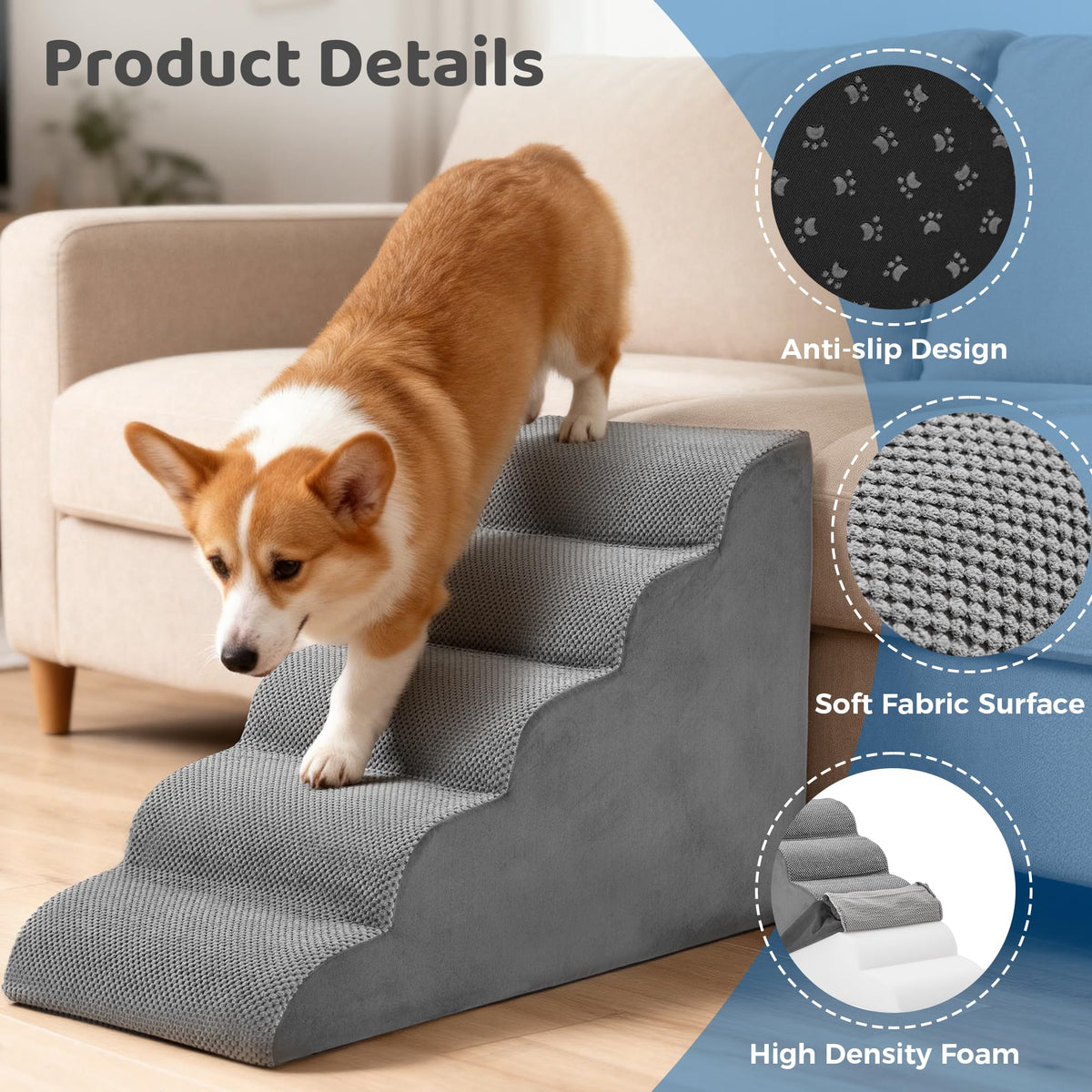 Dog Stairs for Small Dogs and Cats (Grey / Round-22.83"H)
