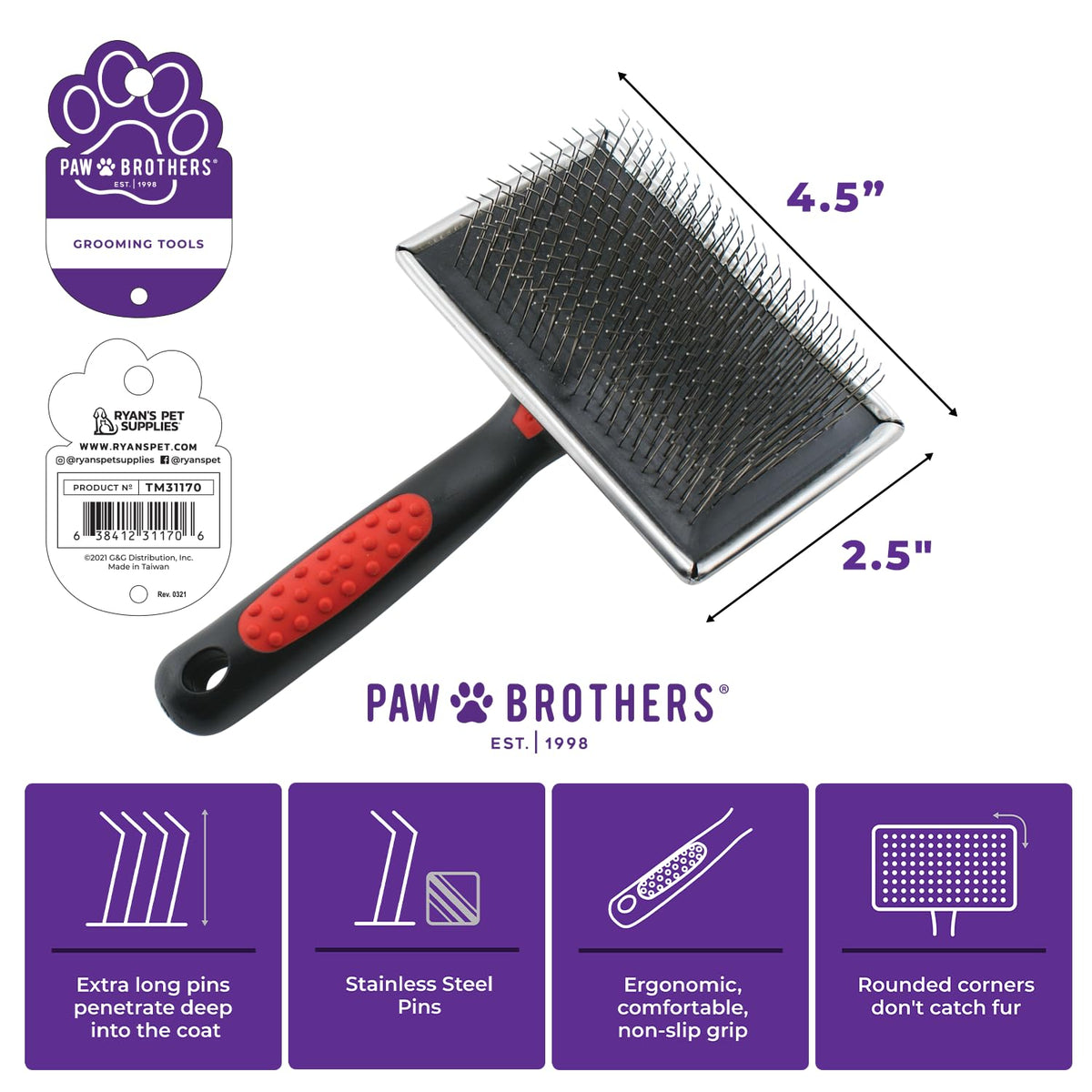 Paw Brothers Professional Grade Extra Long Slicker Brush (Extra Long Hard Pin)