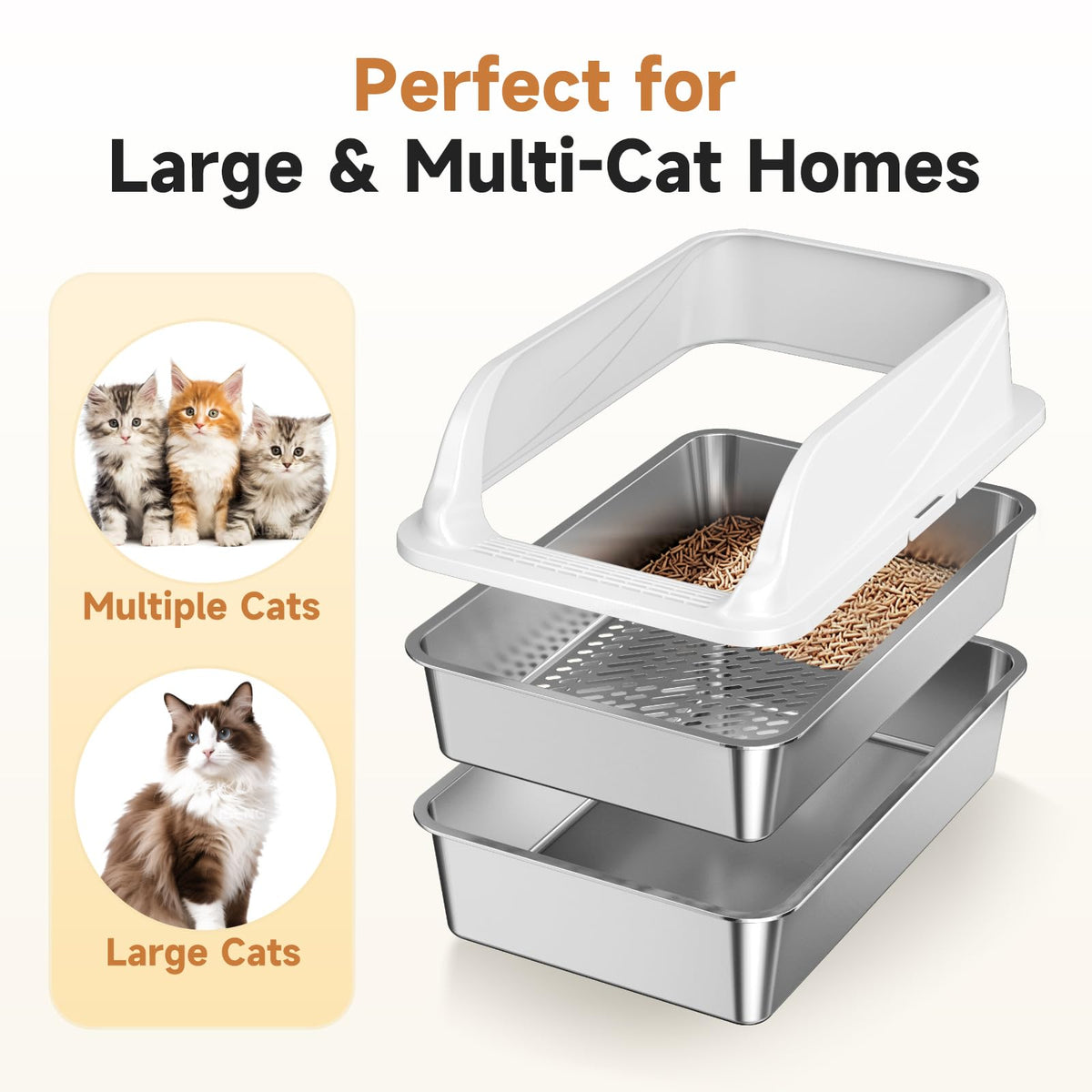 Stainless Steel Sifting Litter Box for Pine Pellets (Light Grey XL)
