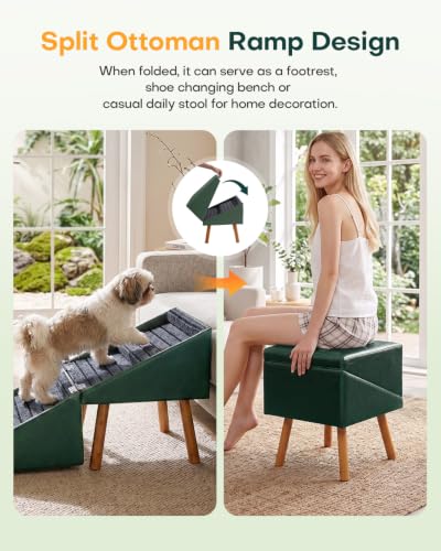 Dog Stairs for Small Dogs Faux Leather Foldable Pet Ramp and Ottoman (Olive Green / XL(17.13”H))