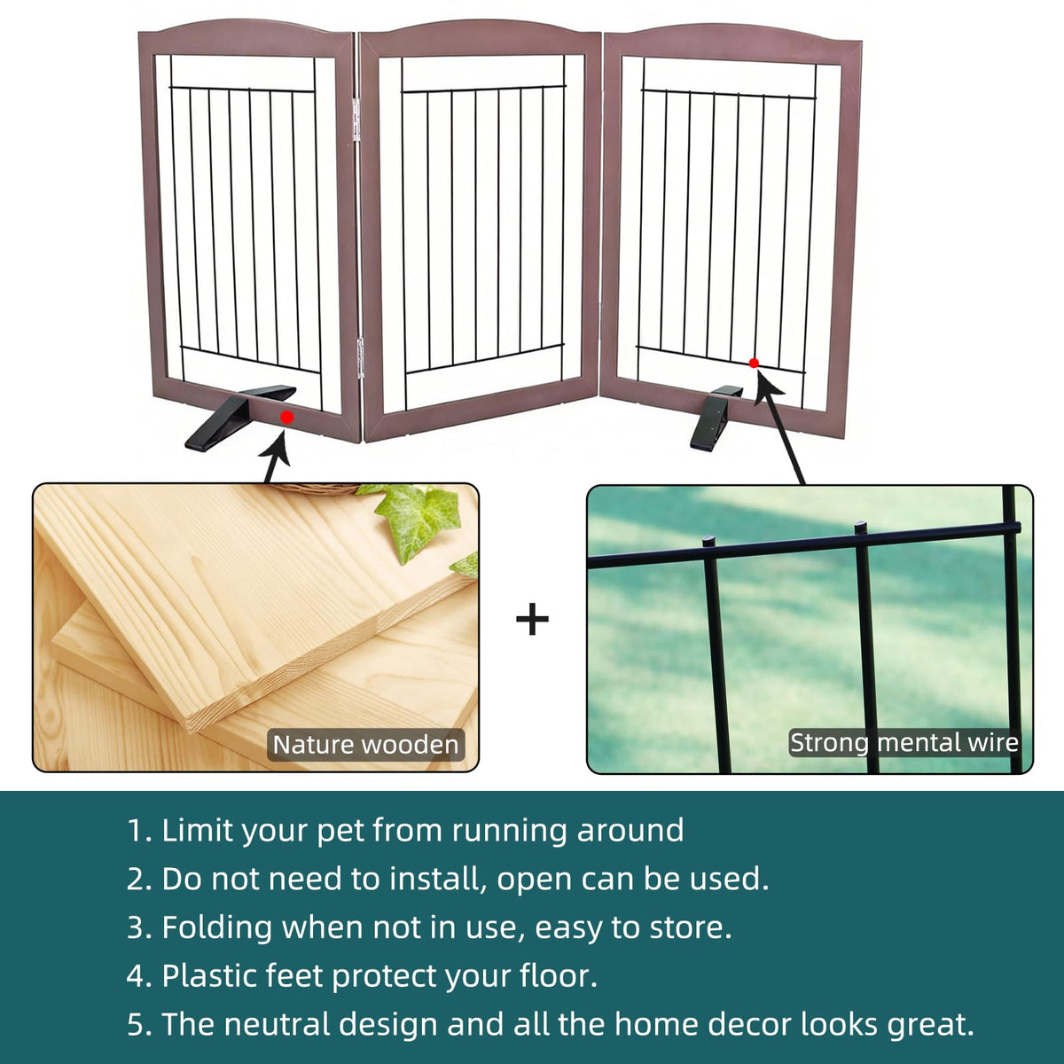 Freestanding Dog Fence Indoor (Brown / 【3 Panels】60''w x 32''h)