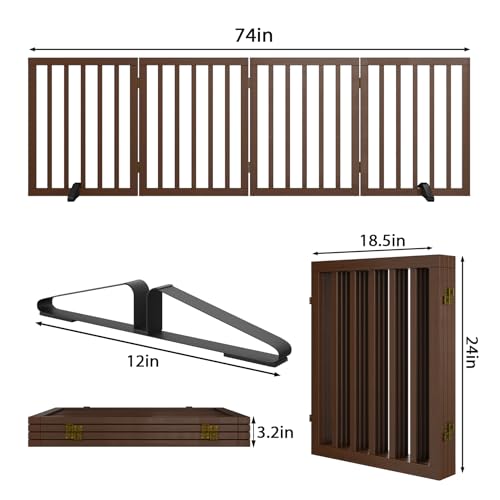 Wooden Dog Gate Freestanding Foldable 4 Panel Pet Gates Extra Wide Dog Gates for Indoor Doorways Stairs 24in Height Support Feet Included (Dark Brown / 4 Panel - 74 inches Wide)