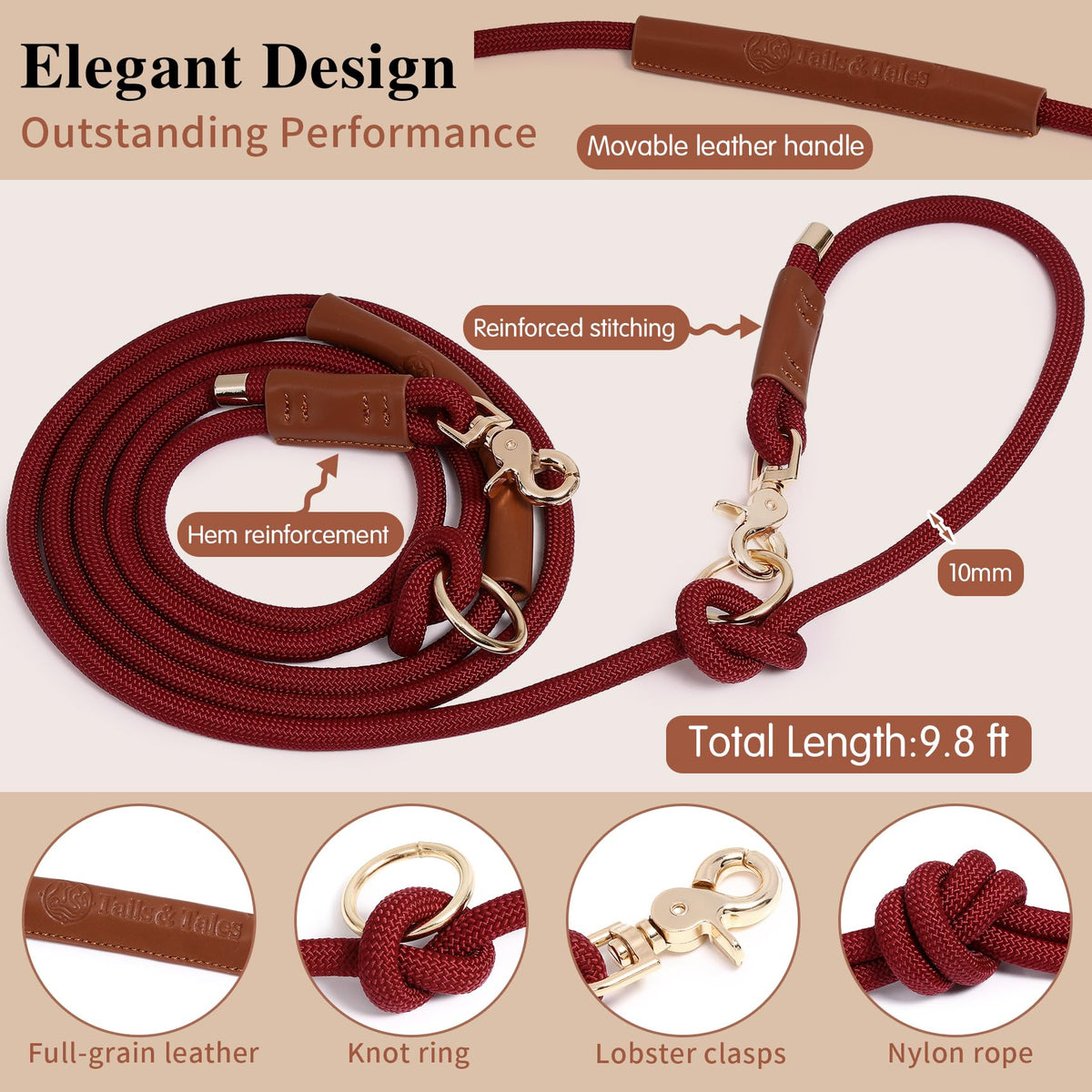 Hands Free Multifunctional Dog Leash for 1 or 2 Dogs (Winery Red)