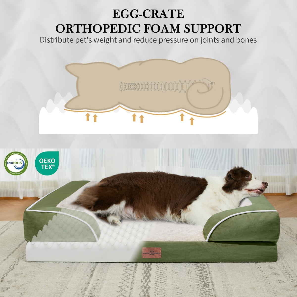Orthopedic Dog Bed for Medium Size Dog with Bolster (30.0"L x 20.0"W x 7.0"Th / Light Green)