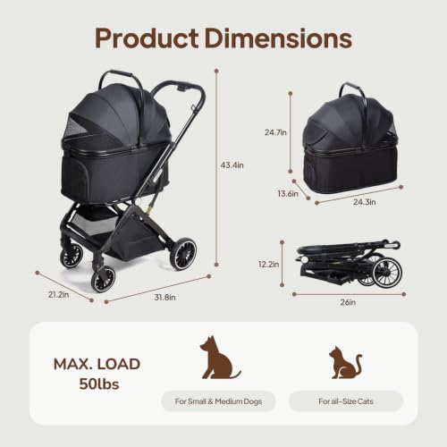 3-in-1 Dog Stroller for Small and Medium-Sized Dogs up to 33 lbs (Black)