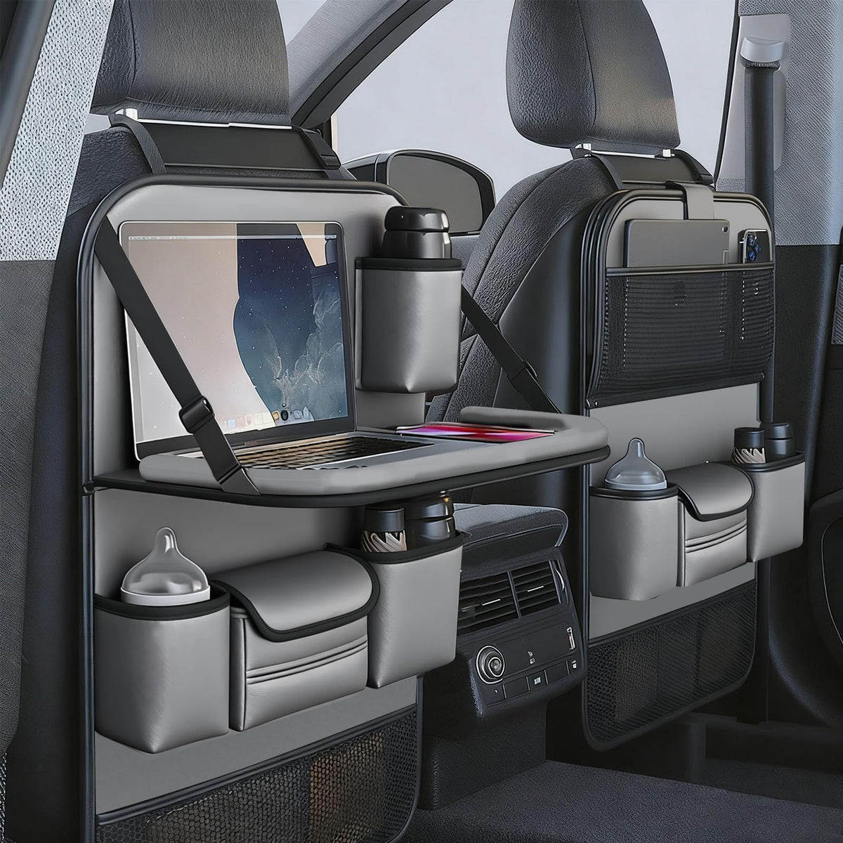 2 Pack Leather Car Backseat Organizer with Foldable Table Tray (Gray)