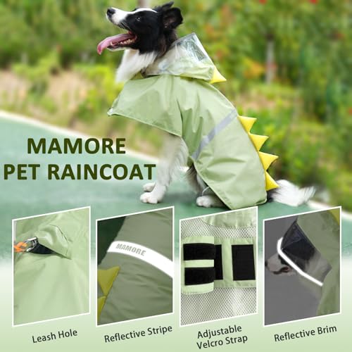 Dog Raincoat Waterproof Reflective Adjustable Hooded Dog Rain Coat with Leash Hole (Green Dinosaur / X-Large(37-55lb))