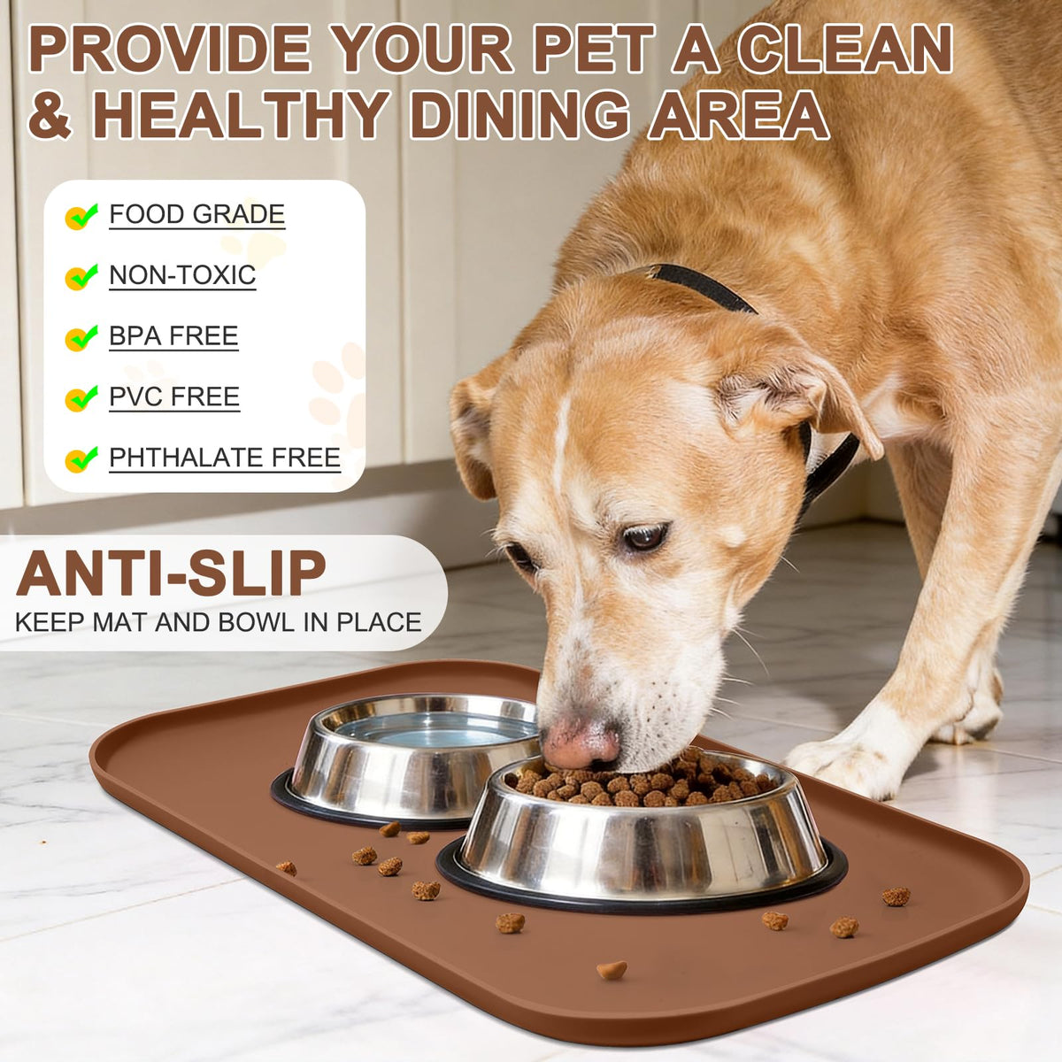 Waterproof Silicone Pet Food Mat with Raised Edge for Dog & Cat (Brown / 24"L x 16"W)