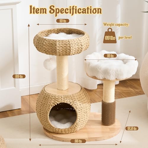 Modern Cat Tree for Indoor Small & Medium Cats (Natural w/ Bed-30")