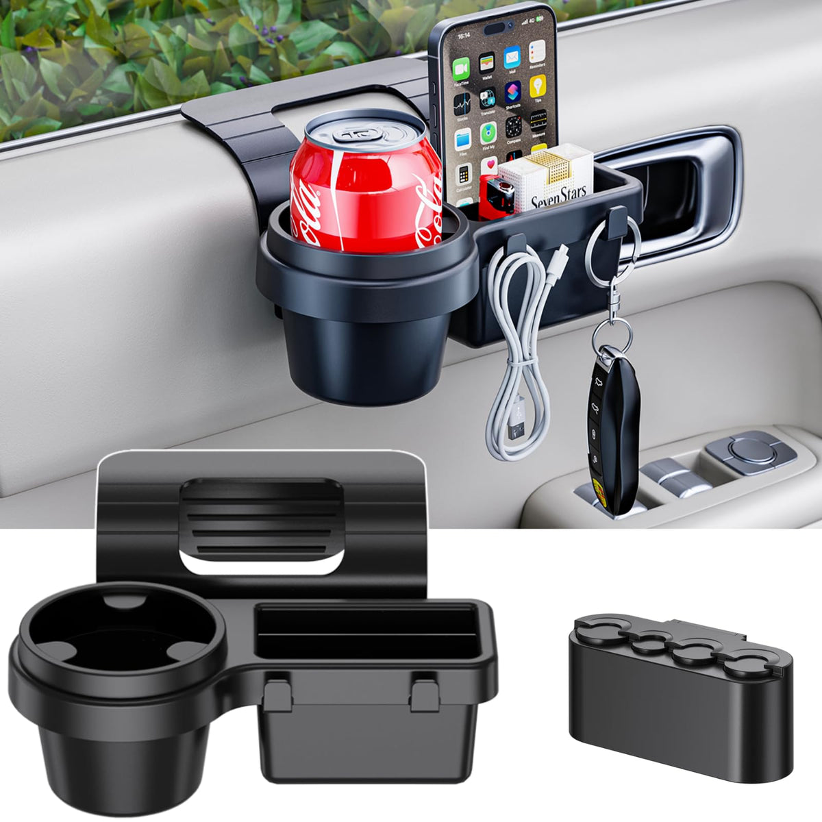 Extra Hanging Car Door Window Drink Coffee Cup Holder with Storage Organizer Tray (Car Door Cup Holder & Coin Organizer)
