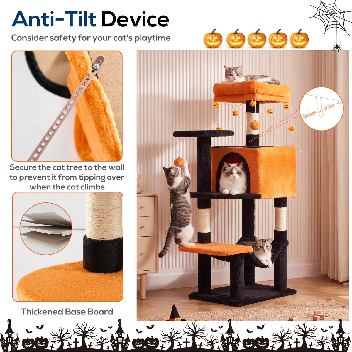 44 Inch Cat Tree Tower with Natural Sisal Scratching Posts (Black & Orange / 44 Inch)