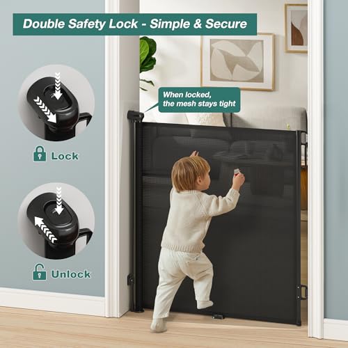 Retractable Baby Gate for Stairs (Black / 72" Wide x 34" Tall)