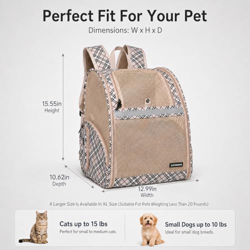Cat Backpack Carrier for Small Dogs and Medium cat Puppy Kitten Bunny Pet Carrier Backpack Collapsible with Fully Ventilated Mesh with Safety Leash (Khaki / 12.9"L x 10.62"W x 15.5"H)