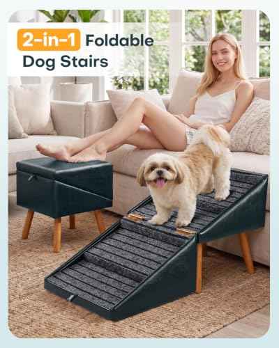 Foldable Dog Ramp for Couch Ottoman Artificial Leather Dog Stairs (Ink Blue / XL(17.13”H))