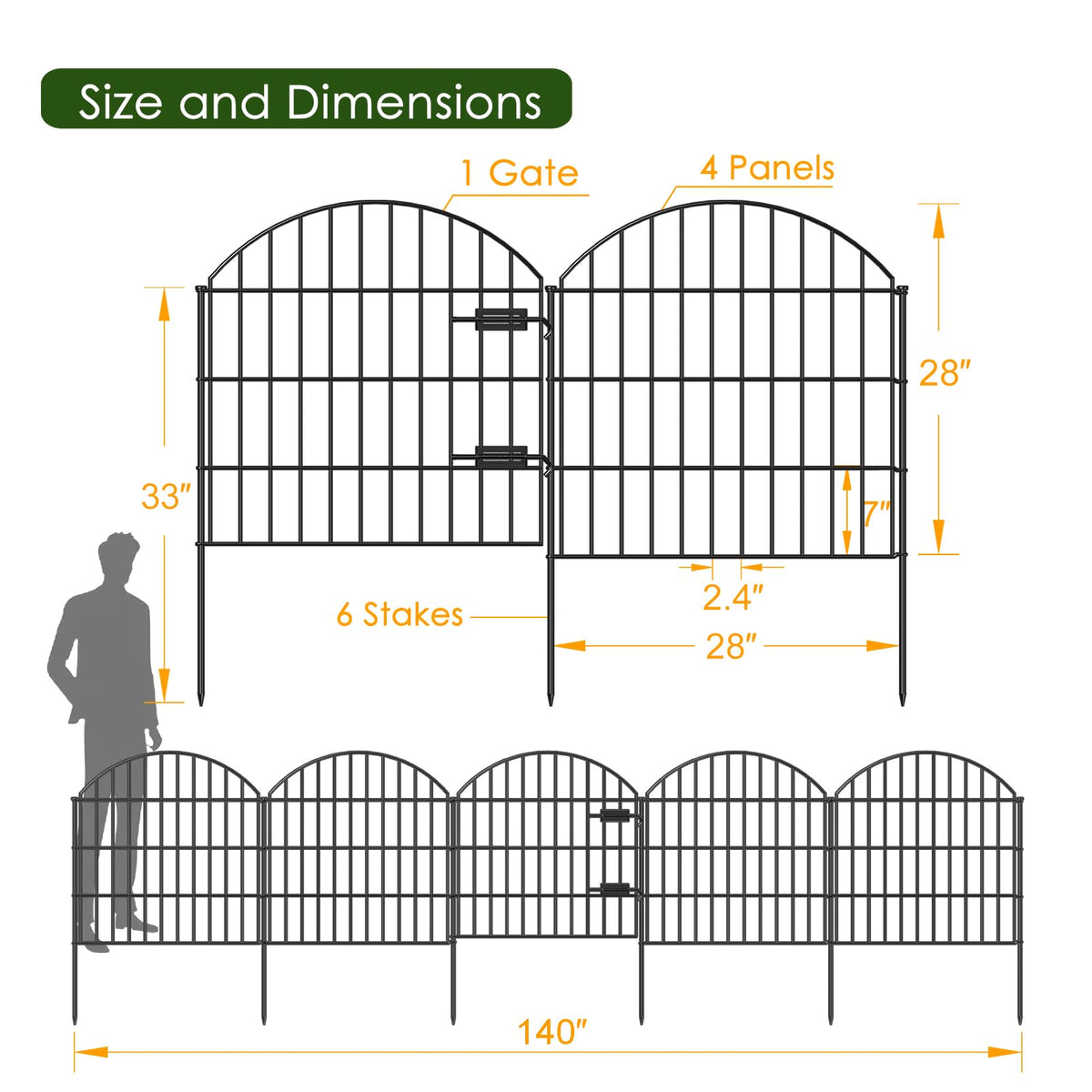 Metal Garden Fence with Gate 28 in x 11.7 ft (28"Hx11.7ft (Gate+4Panels))