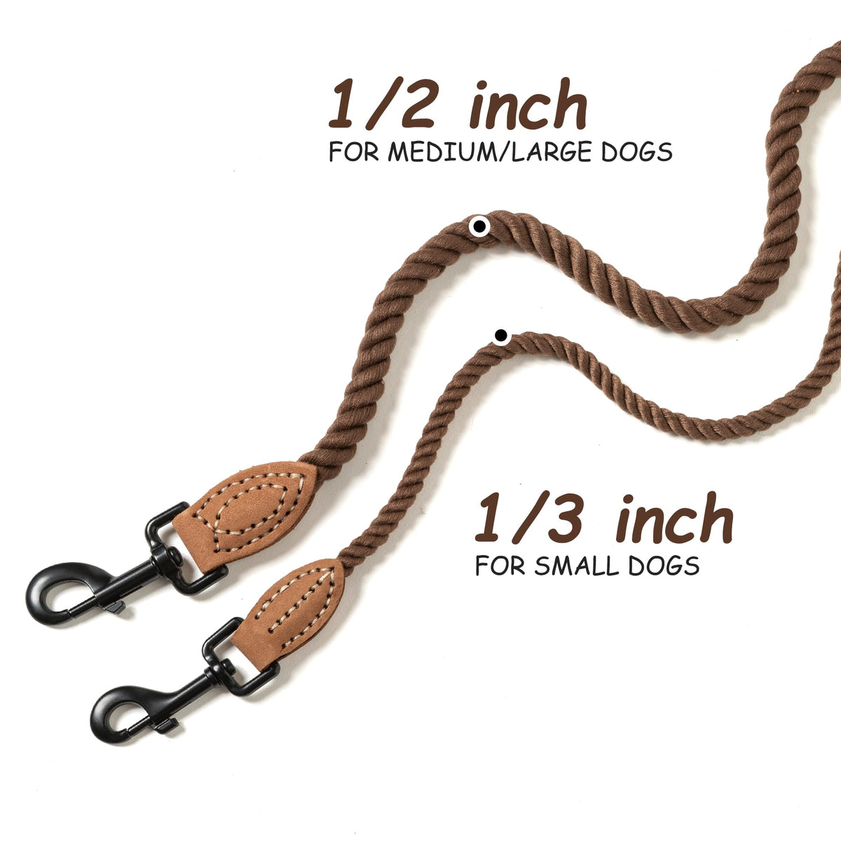 Dog Leash Braided Cotton Rope with Leather (Dark Brown / 60 Inch-1/3")