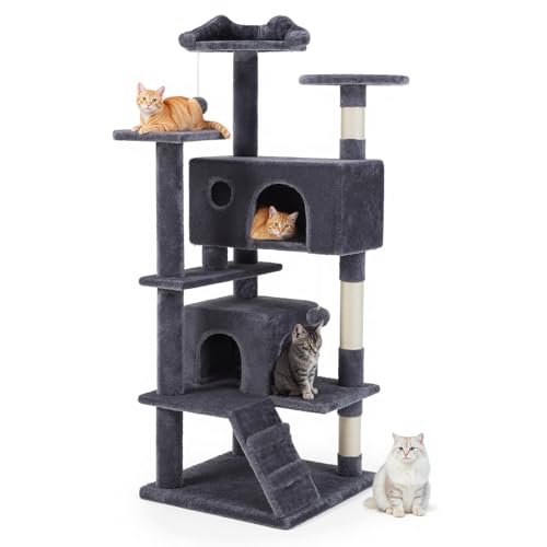 54 Inch Cat Tree Tower with Sisal Scratching Posts (Gray / 54IN)