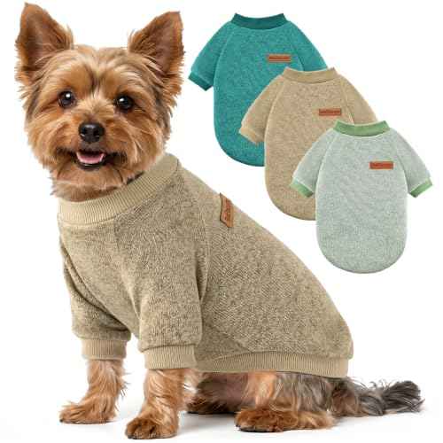 3 Pack Dog Sweaters for Small Dogs Girl Boy Winter Fleece Clothes Warm Soft Dog Sweatshirt Outfit for Dogs Cats Pet Apparel (Brown+matcha green +green / M (Back: 13.7", Chest: 17.7", 10-14 lbs))