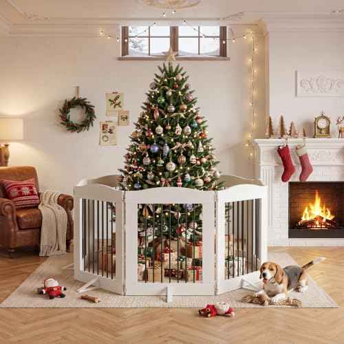 Indoor Dog Gate with Support Feet (White / 【6 Panels】122.8"L x31.5"H)