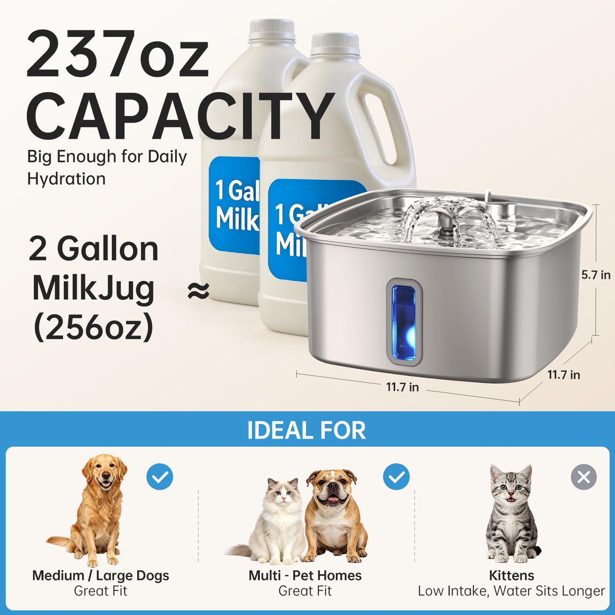 Innovation Award Winner Stainless Steel Dog Fountain (Silver / 237oz (Large Dogs & Multi-Pet))