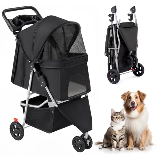3 Wheel Pet Stroller for Dogs and Cats (Matte Black / 29.1" x 17.7" x 39.4")
