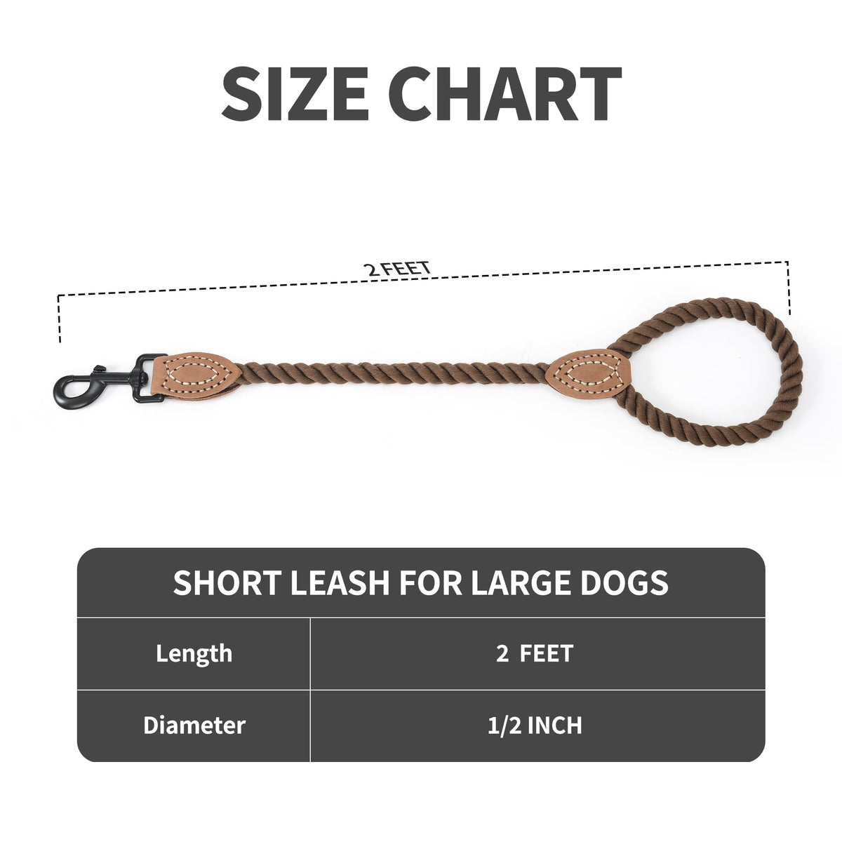 Dog Leash Braided Cotton Rope with Leather (Dark Brown / 18 Inch-1/2")