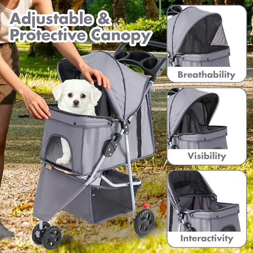 3 Wheel Pet Stroller for Dogs and Cats (Silver Gray / 29.1" x 17.7" x 39.4")