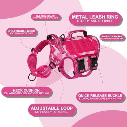 Dog Harness for Large Dogs (Pink Camo / XL(Neck:21-32",Chest:26-39"),75-135 lbs)