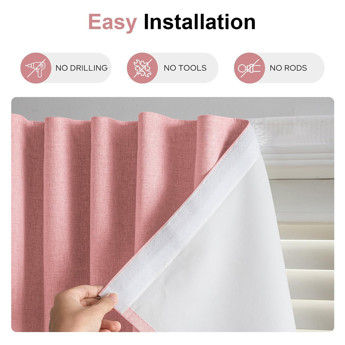 100% Blackout Stick on Self Stick Curtains (Light Pink / 46"W x 72"H)
