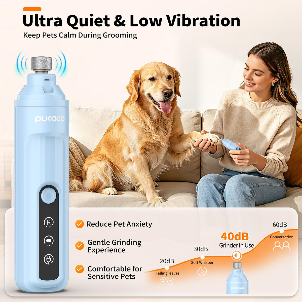 Dog Nail Grinder Quiet with LED Light Electric Cat Nail Trimmer (Blue)