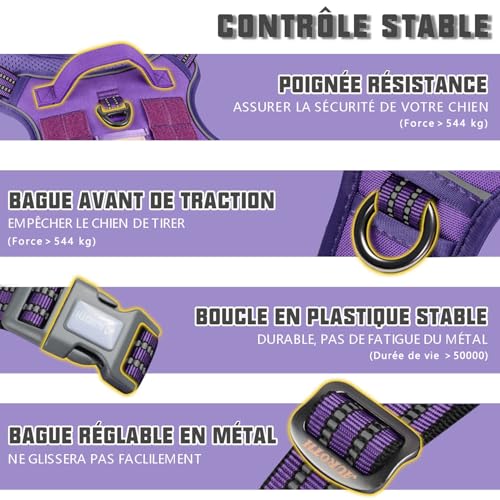Tactical Dog Harness for Large Dogs (Purple / XL(Neck:20-31",Chest:26-42"),75-135 lbs)