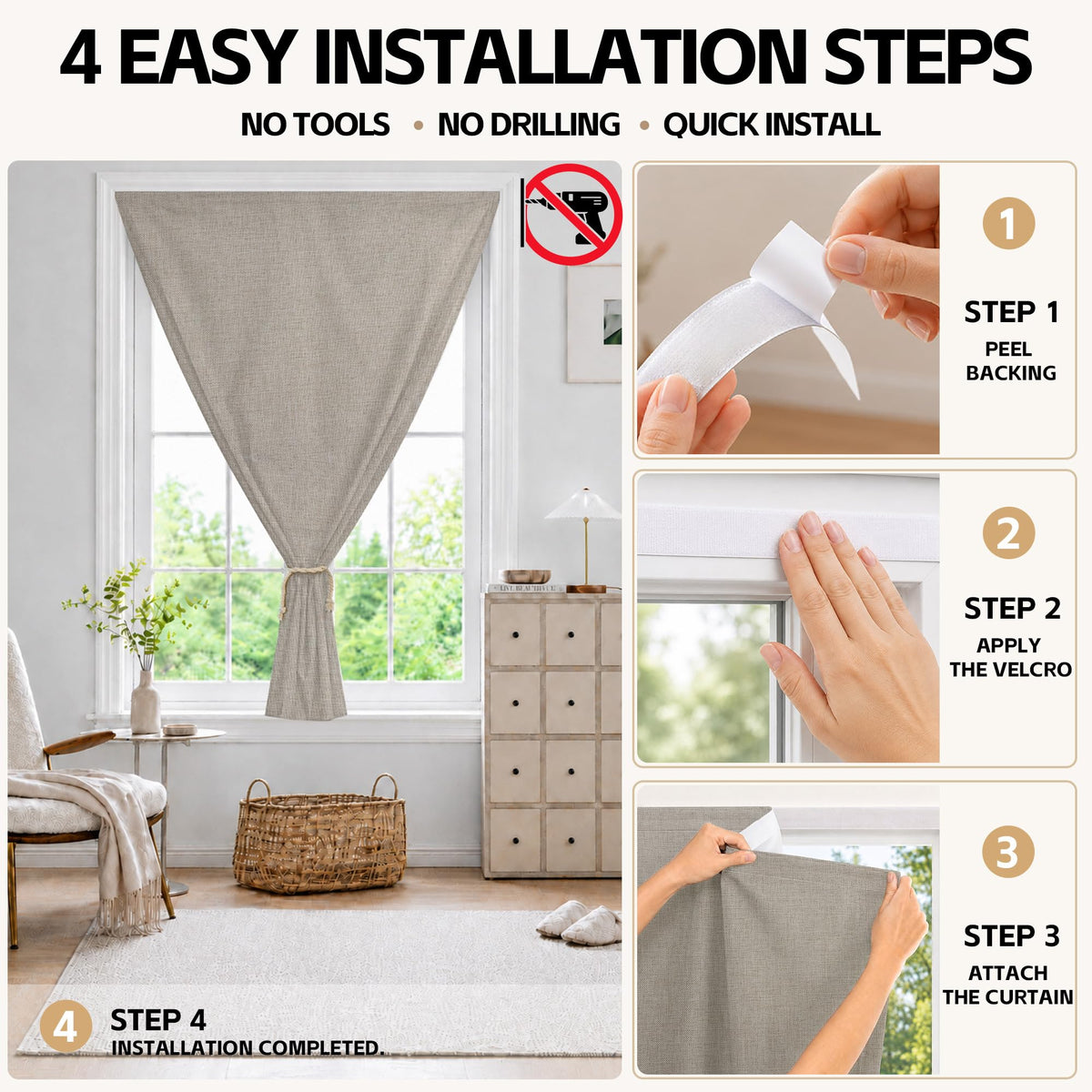 Adhesive Blackout Curtains for Blinds (Light Coffee / 52"W x 84"H)
