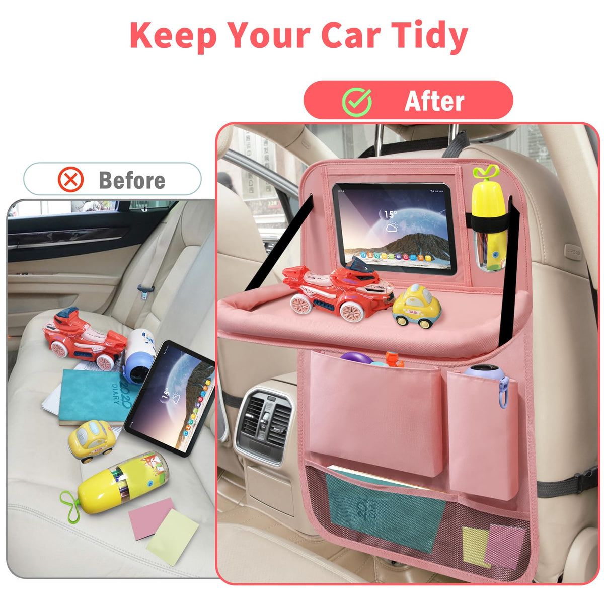 Car Backseat Organizer with Tray (2Pack / Pink)