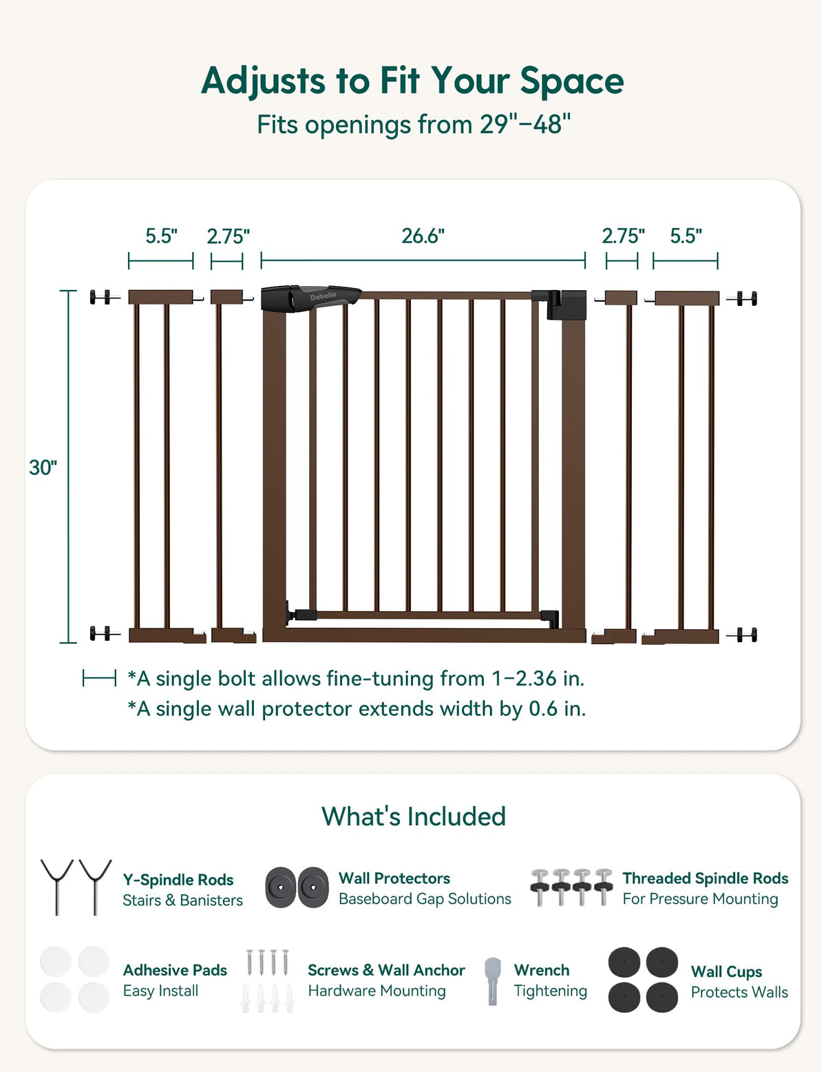 29 48 in Baby Gate for Stairs No Drilling (Brown / 30"Tall 29"-48" Wide)