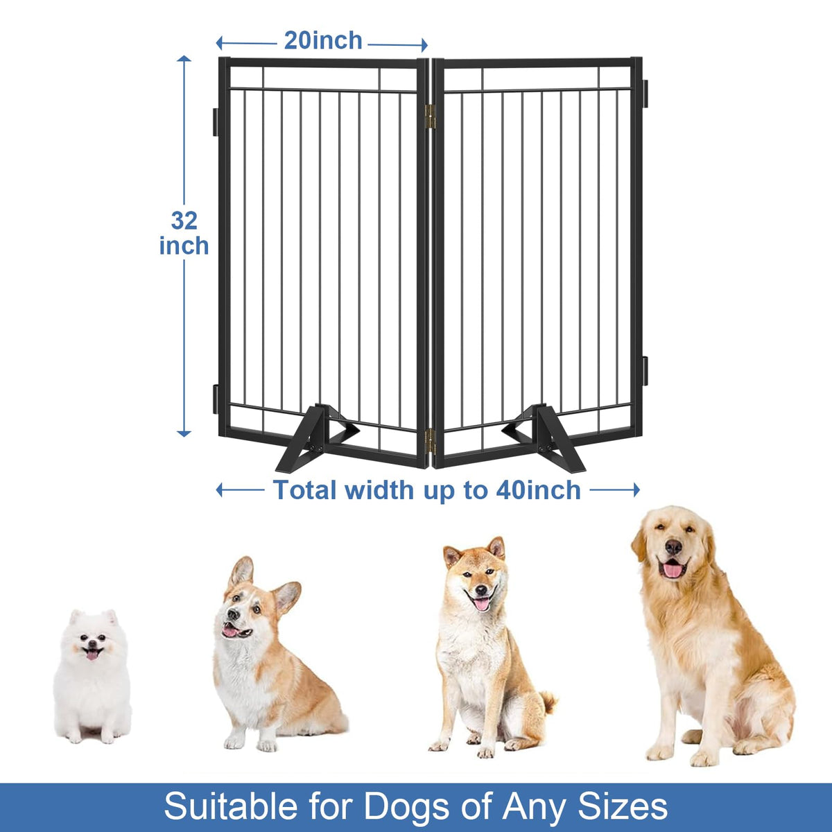 Full Metal Freestanding Dog Gate for Indoor & Outdoor (Black / 【2 Panels】40"W×32"H)