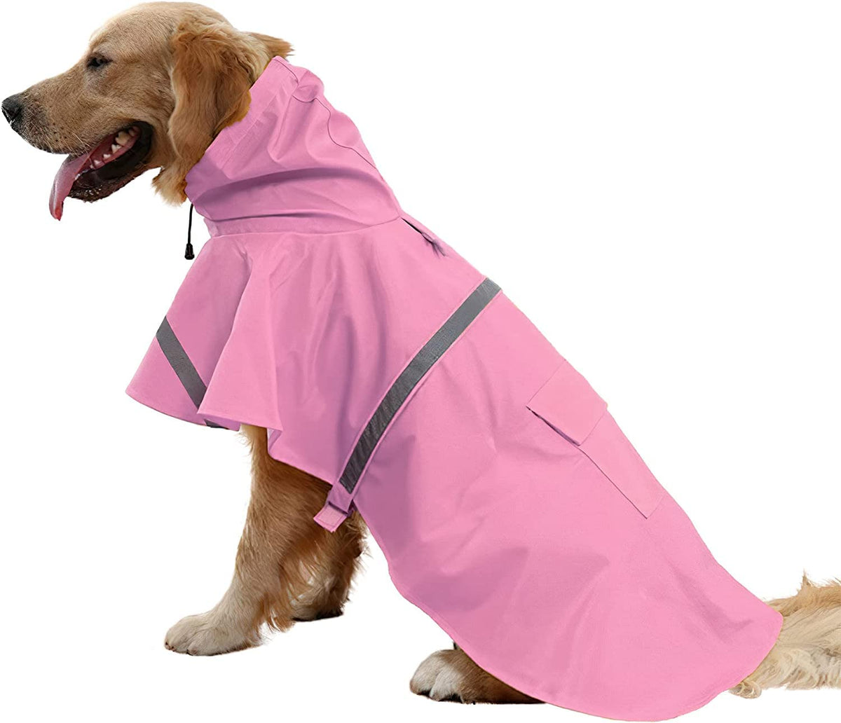 Large Dog Raincoat Adjustable Pet Waterproof Clothes Lightweight Rain Jacket Poncho Hoodies with Strip Reflective (Pink / XL)