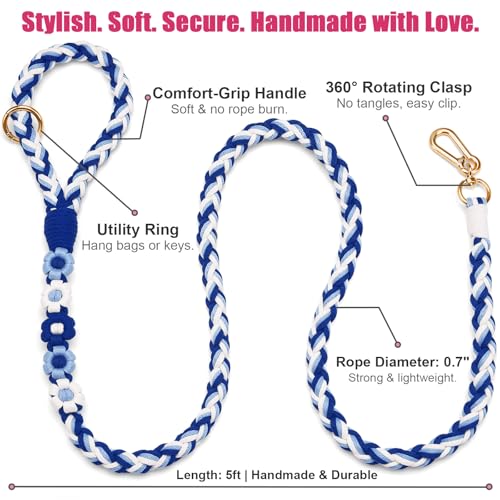 Handmade 5ft Braided Cotton Dog Leash with Unique Floral Handle (Sea Wave)