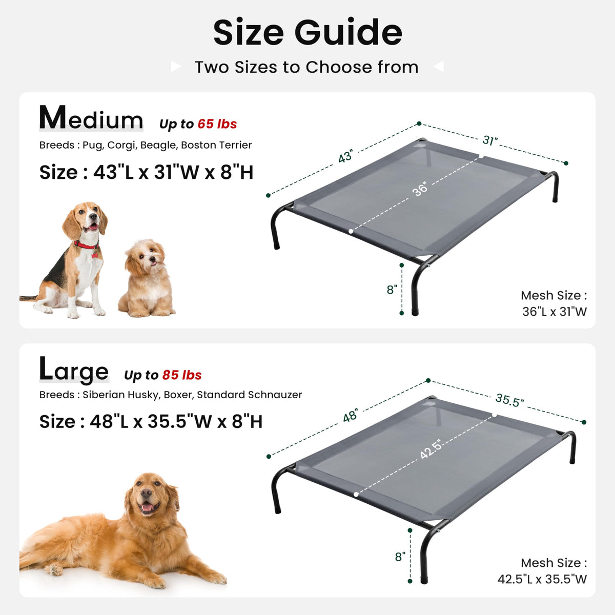 Elevated Cooling Dog Bed for Large Dogs (Grey / 48" X 35.5" X 8")