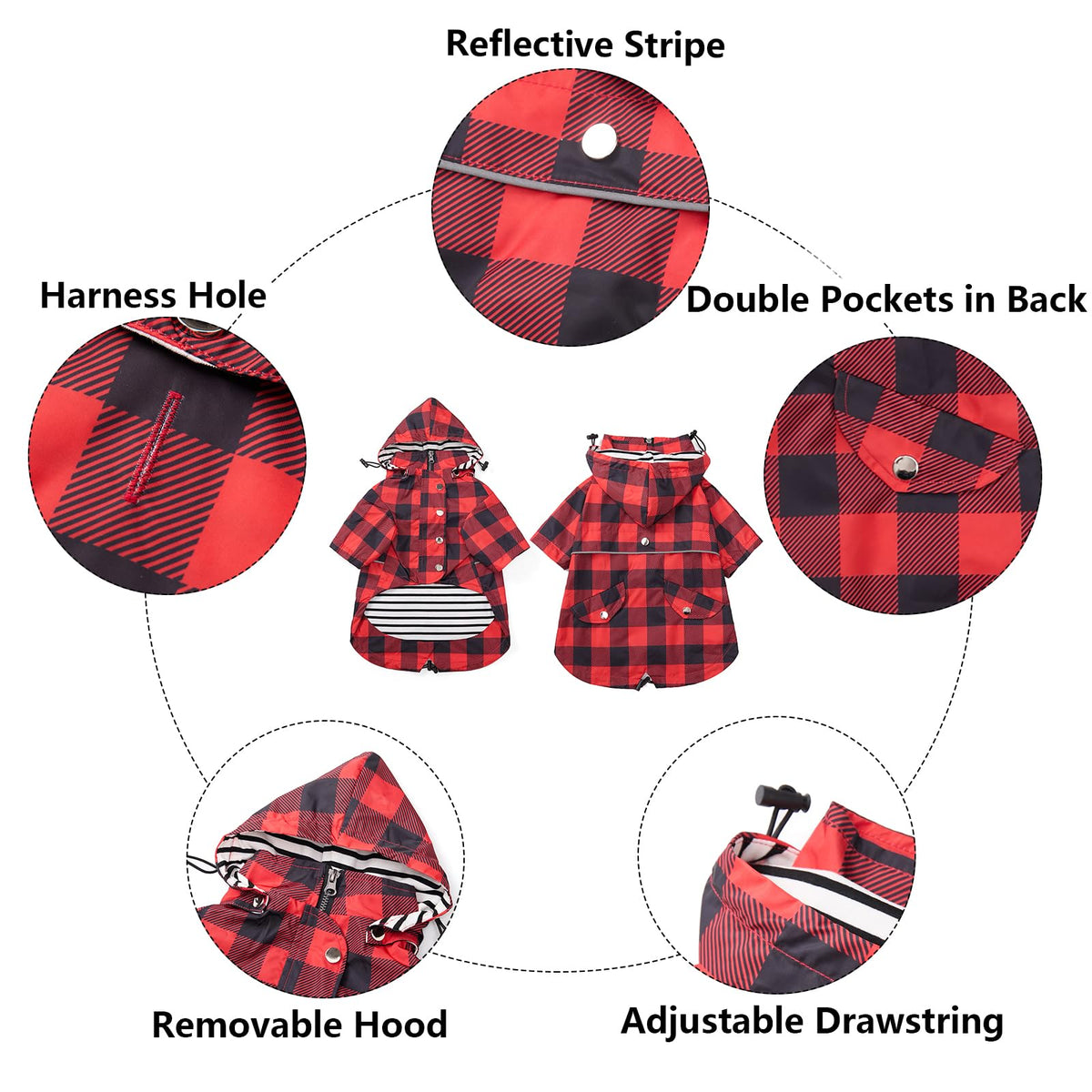 Dog rain Coat Waterproof Raincoat Puppy Jacket with Legs Buttons Zipper Hood Drawstring Fit for Yorkie Terrier Schnauzer Poodle Border Collie Labrador Golden Retriever 8lbs to 80lbs Red XS (X-Small / Red Plaid)