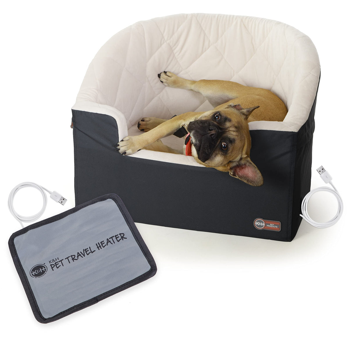Bucket Booster Washable Medium and Small Dog Car Seat with Dog Seat Belt for Car (Heated Large / Charcoal/Cream)