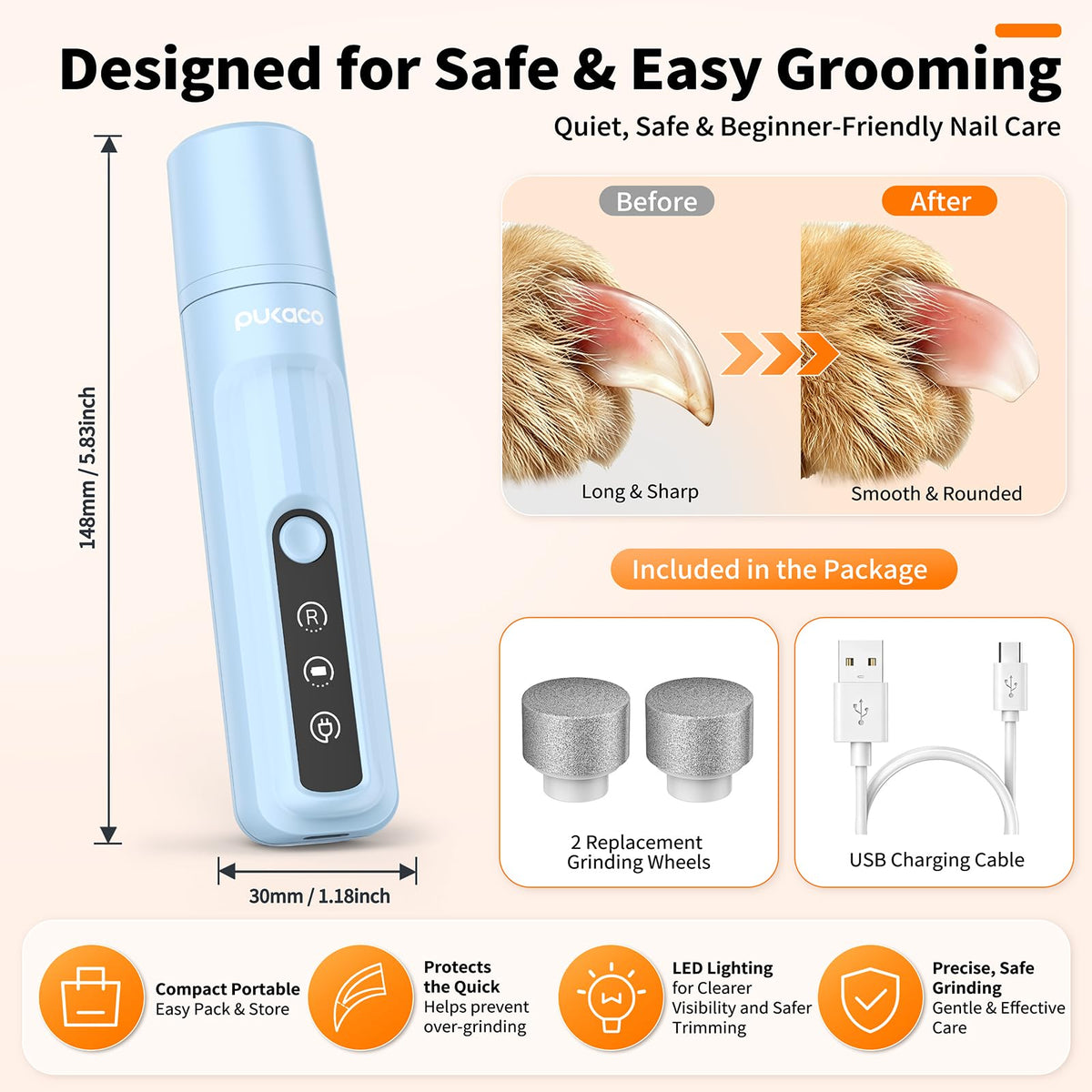 Dog Nail Grinder Quiet with LED Light Electric Cat Nail Trimmer (Blue)