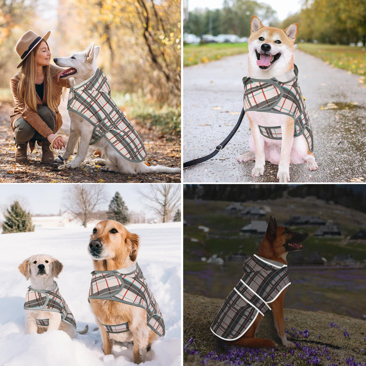 Dog Raincoat for Large Dogs Waterproof Jacket Hooded Rain Coats with Reflective Strips Leash Hole & Poncho Adjustable Fit (Khaki Plaid / X-Large)