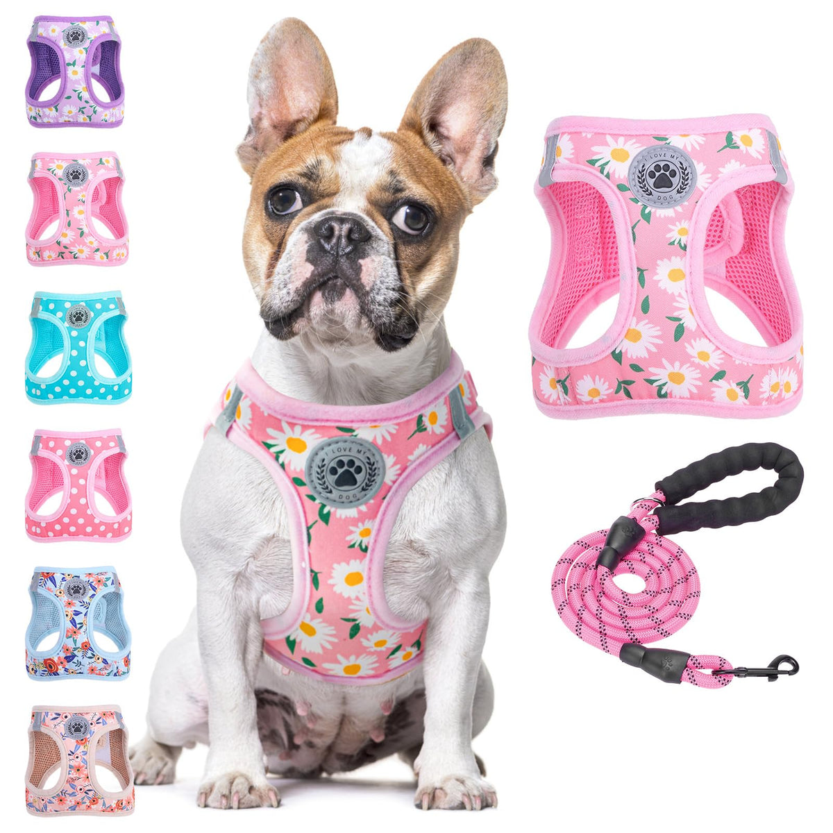 Dog Harness Medium Sized and Leash Set (Medium(Chest Girth 16" - 18") / Pink Daisy)