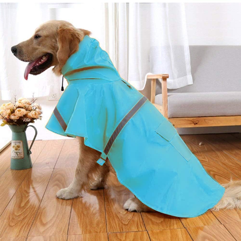Large Dog Raincoat Adjustable Pet Water Proof Clothes Lightweight Rain Jacket Poncho Hoodies with Strip Reflective (Lake Blue / 3X-Large (Pack of 1))