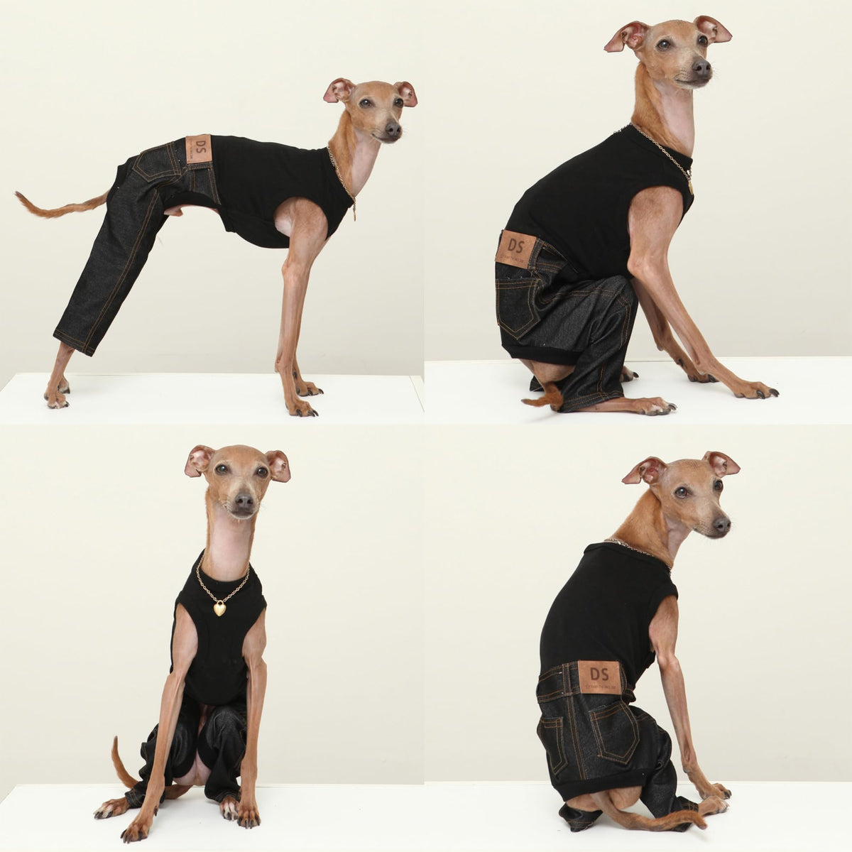 D Doggy Star Italian Greyhound Clothes Sleeveless Jeans Onesie Outfit Whippet for Dog Coat (2XL / Black Jean)