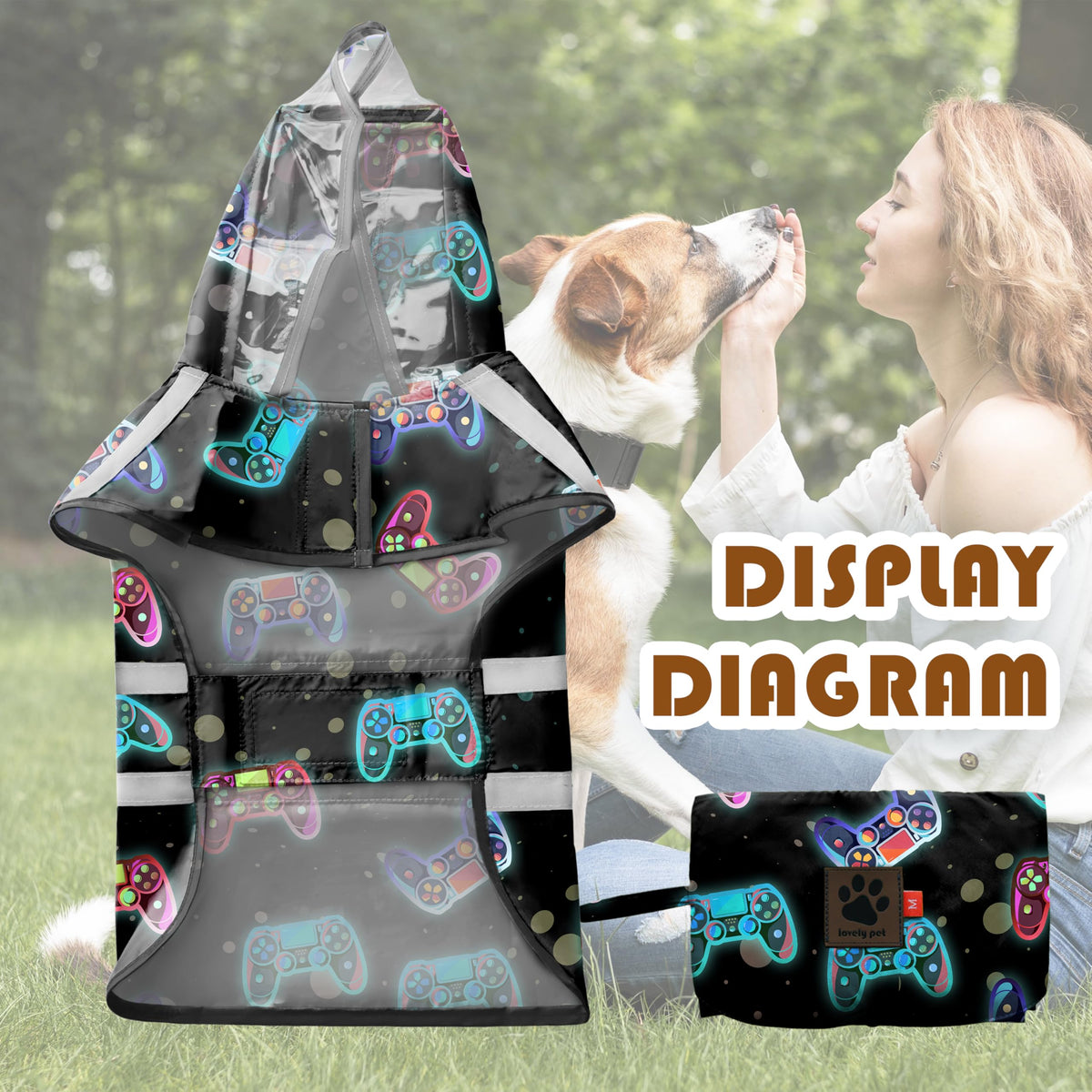 Dog Raincoat Adjustable Rain Jacket with Hooded Double Layer for Large Medium Small Dogs Puppies (Game Black / Medium)
